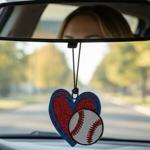 Baseball heart red glitter car freshie SCENT Strawberry leather car Charm RTS